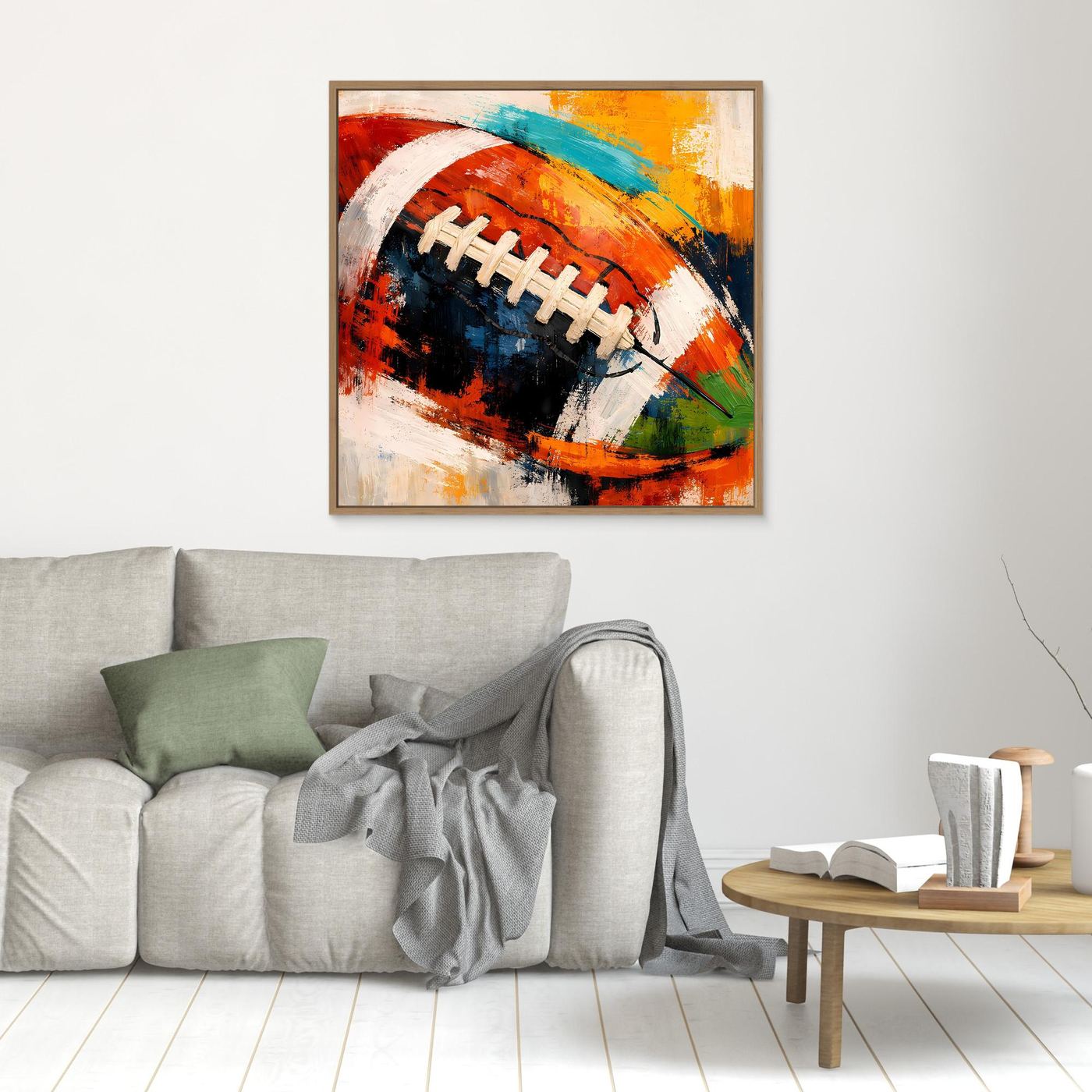 Leinwandbild mit abstraktem Football-Motiv in Rot, Blau und Orange, mit Holzrahmen