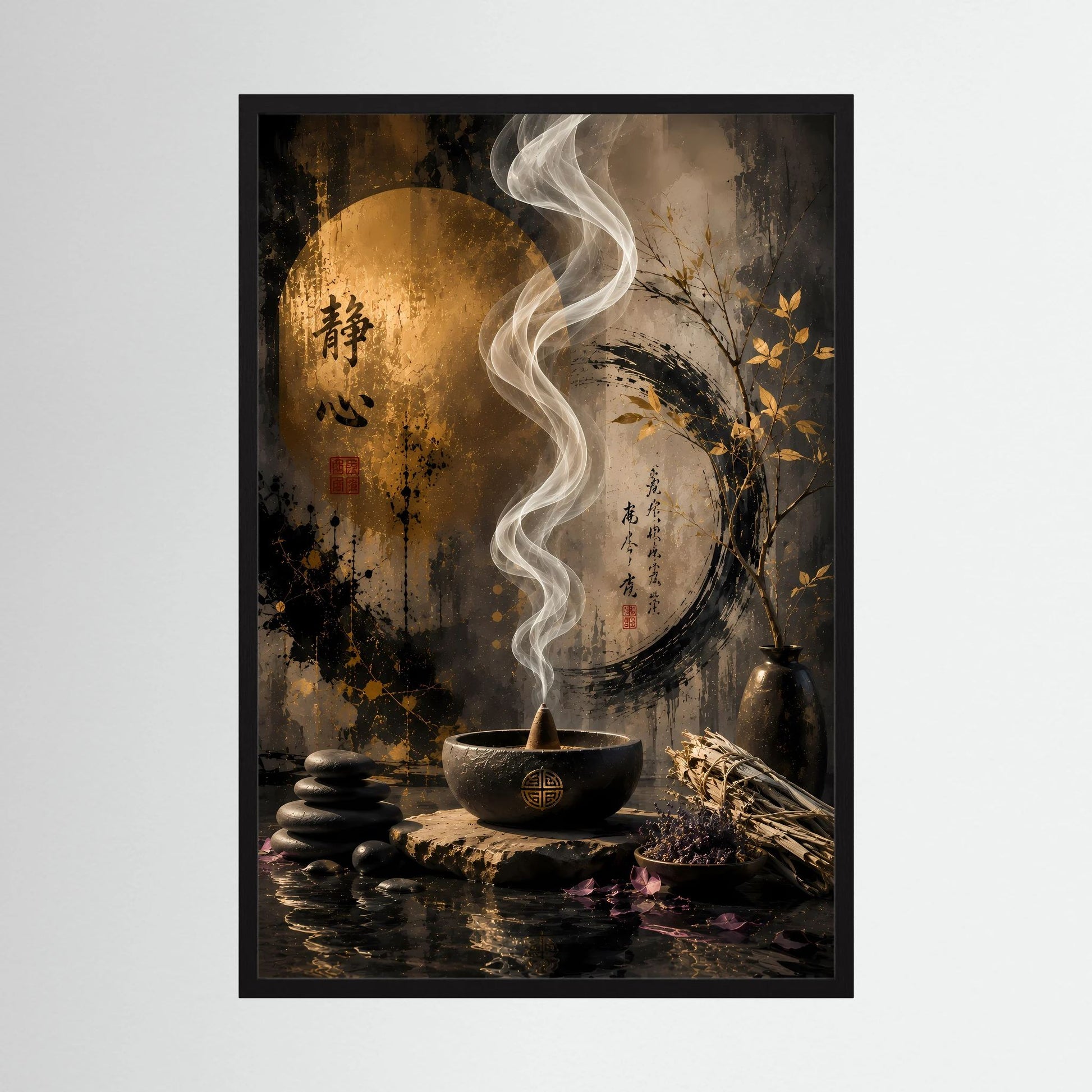 Hochformatiger Kunstdruck mit goldenem Kreis, Räucherschale, Rauchfaden und Steinen im dunklen Ton.
