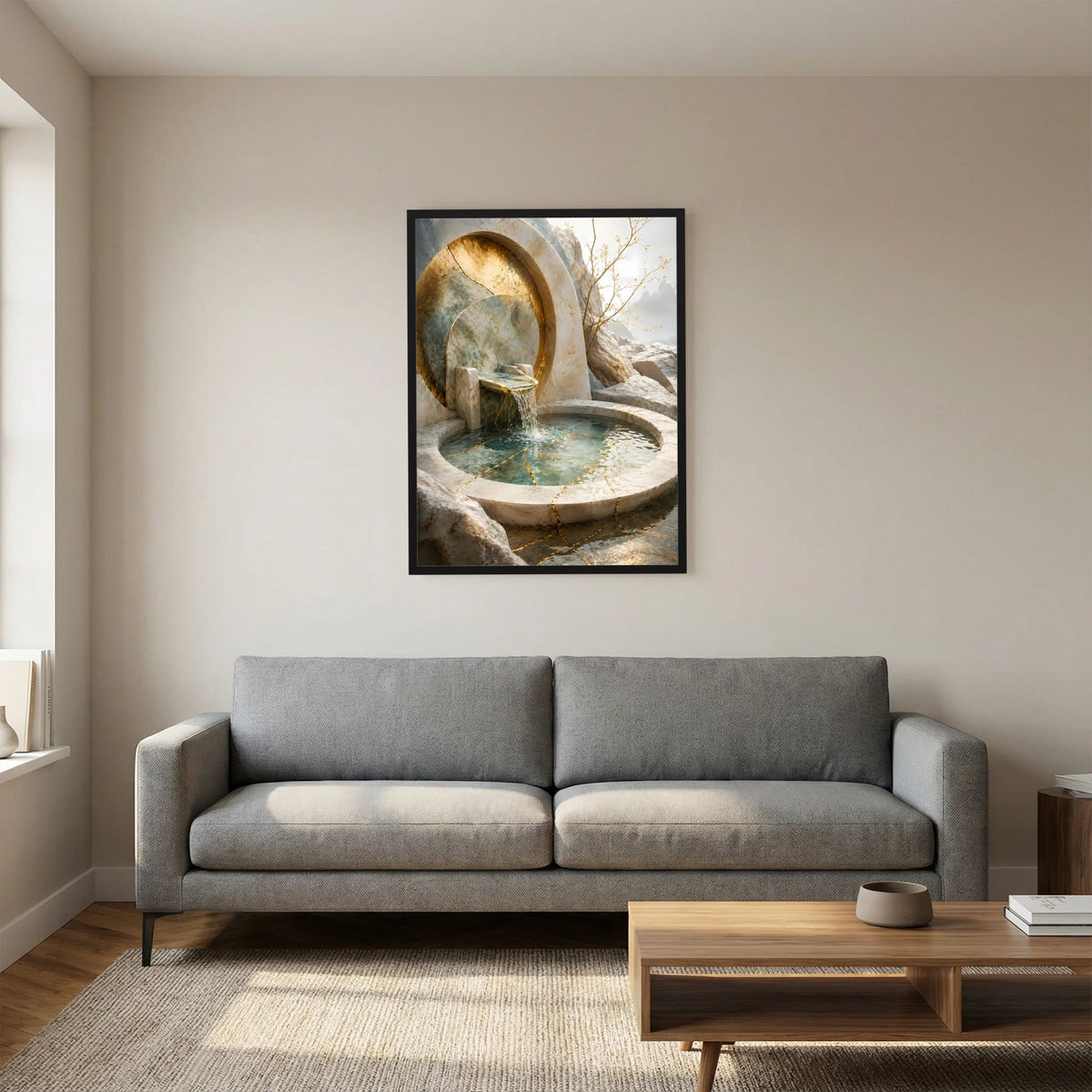 Hochformat-Poster mit rundem Steinbrunnen, goldenem Bogen und türkisfarbenem Wasser
