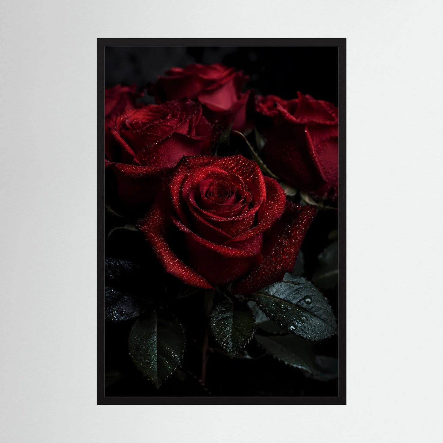 Gerahmtes Hochformat-Poster mit dunkelroter Rose, Tautropfen auf Blättern, schwarzer Rahmen