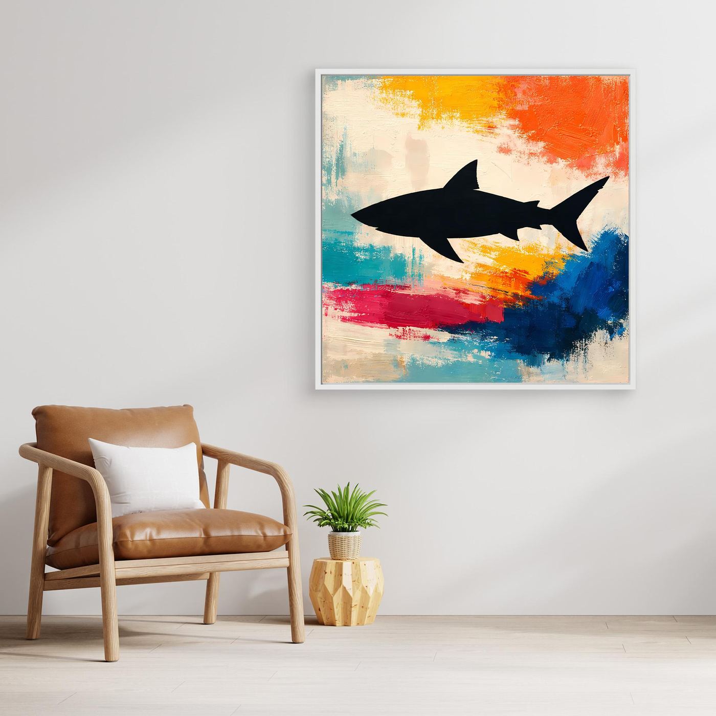 Leinwand Minimalistische Hai-Silhouette im Farbenmeer | Abstraktes Pop-Art Wandbild