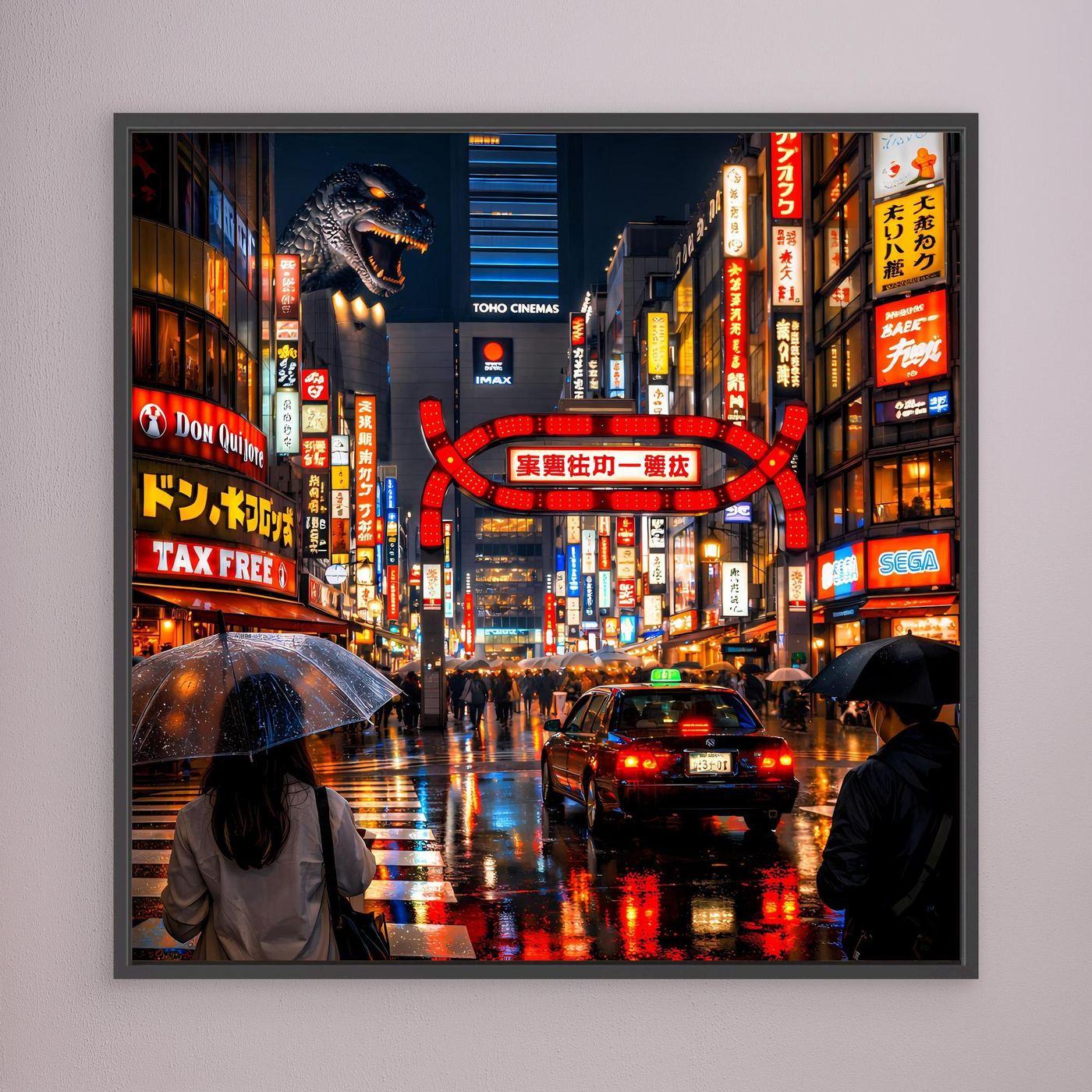 Leinwand Pulsierendes Tokio bei Nacht | Urbanes Kabukicho Kaiju Wandbild
