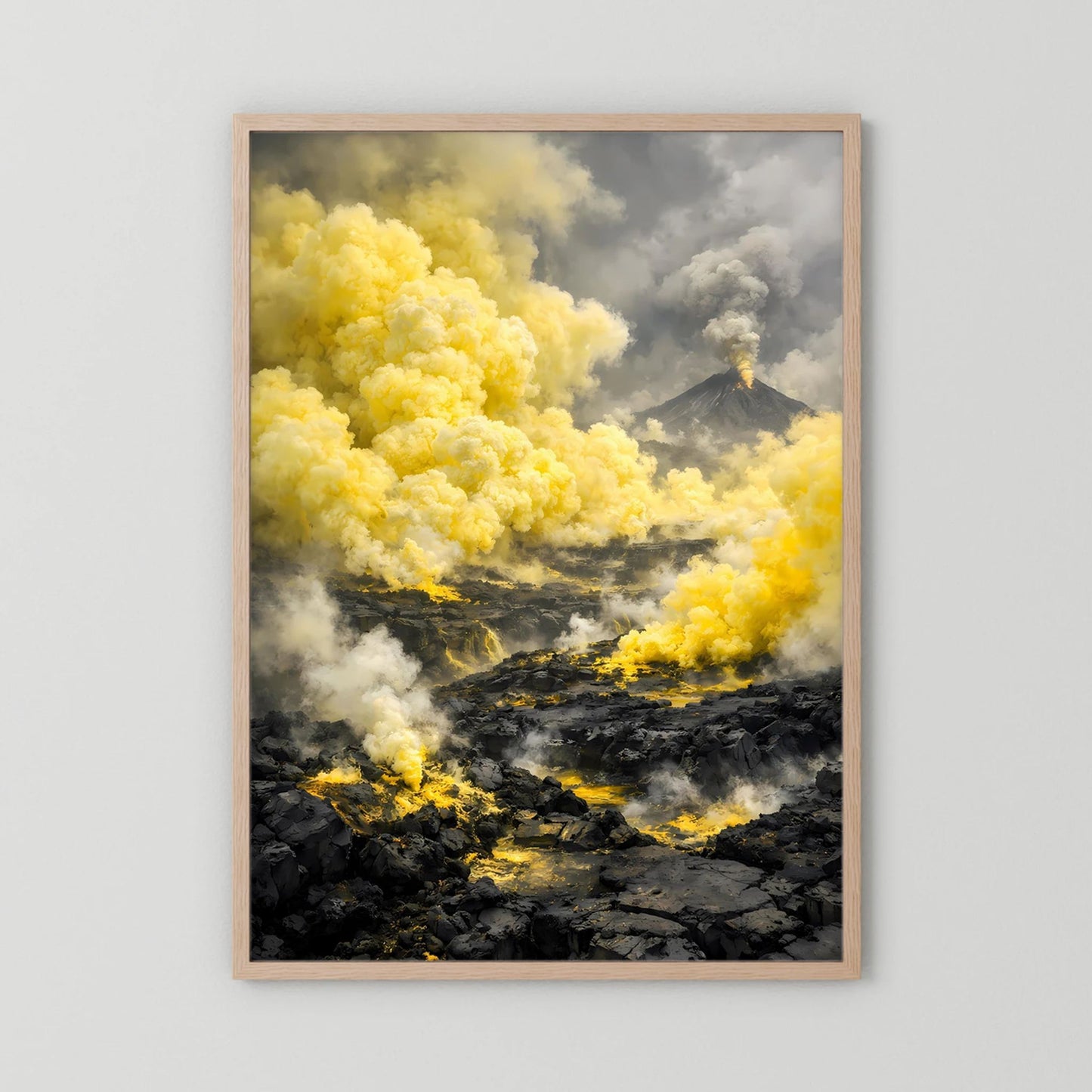 Die Kraft der Natur | Abstraktes Vulkan Poster in Gelb & Schwarz | Modernes Landschaftskunstposter Hochformat