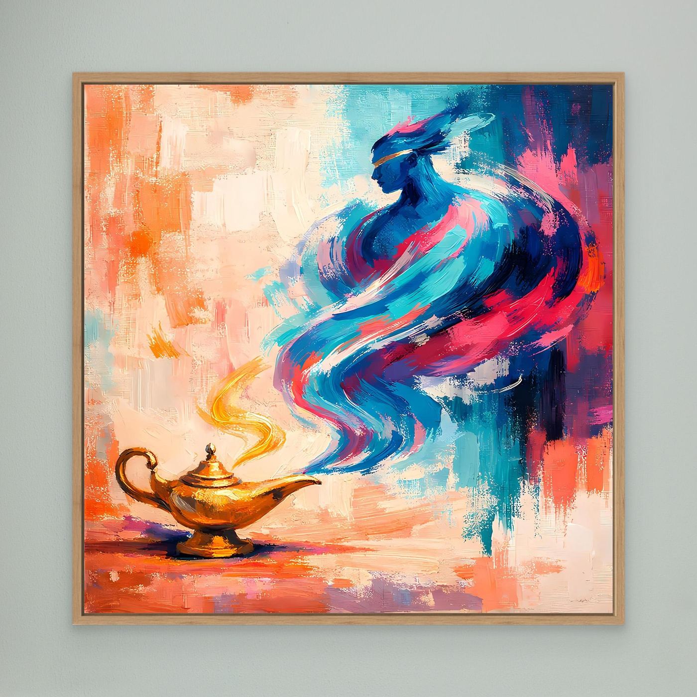 Gerahmtes Leinwand-Wandbild mit abstraktem blauem Flaschengeist und goldener Lampe