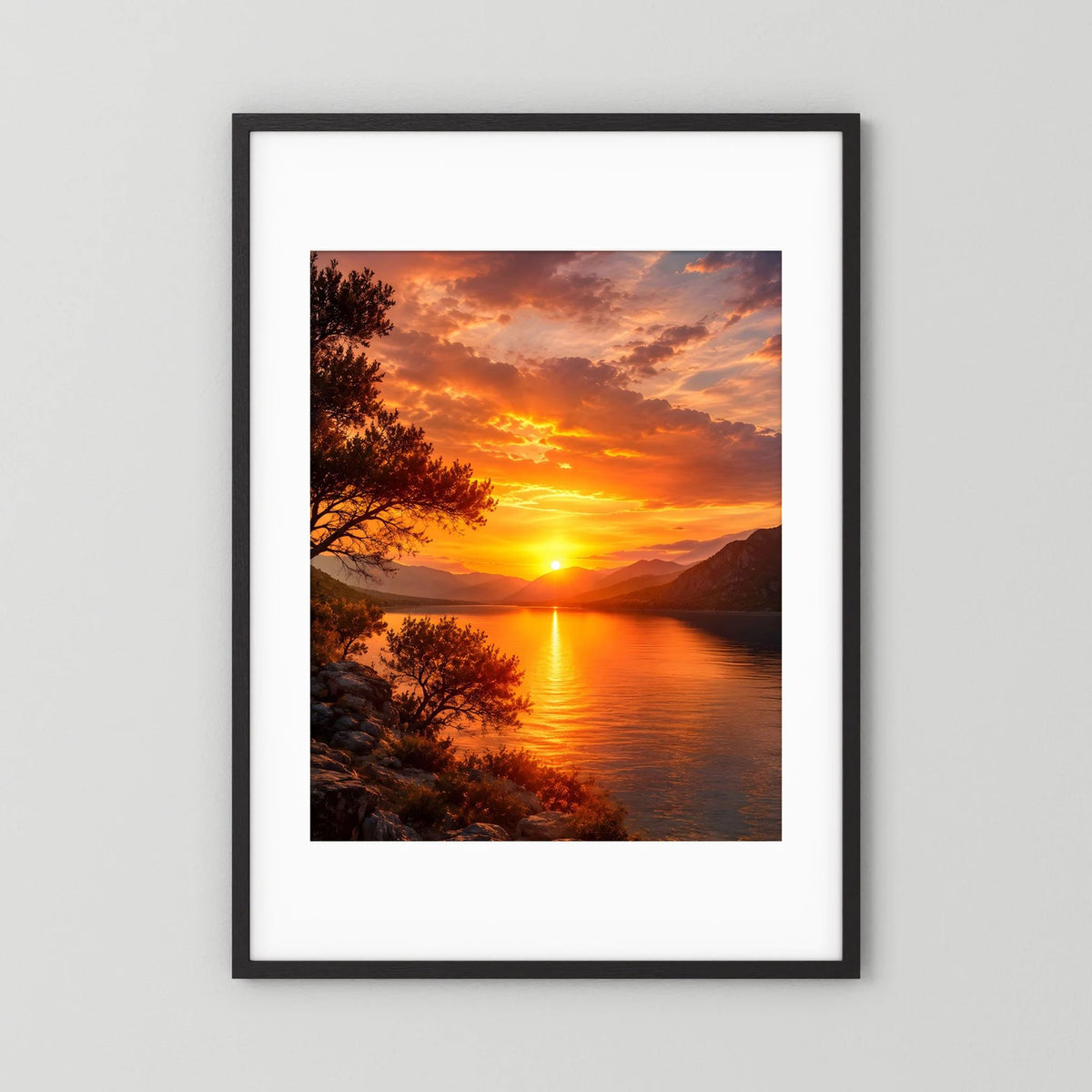 Hochformat-Poster Sonnenuntergang über Wasser und Berge, schwarz gerahmt mit weißem Rand