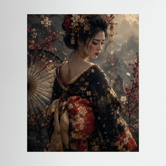 Hochformat-Poster mit Geisha in dunkelblauem floralen Kimono und Fächer, im Porträt