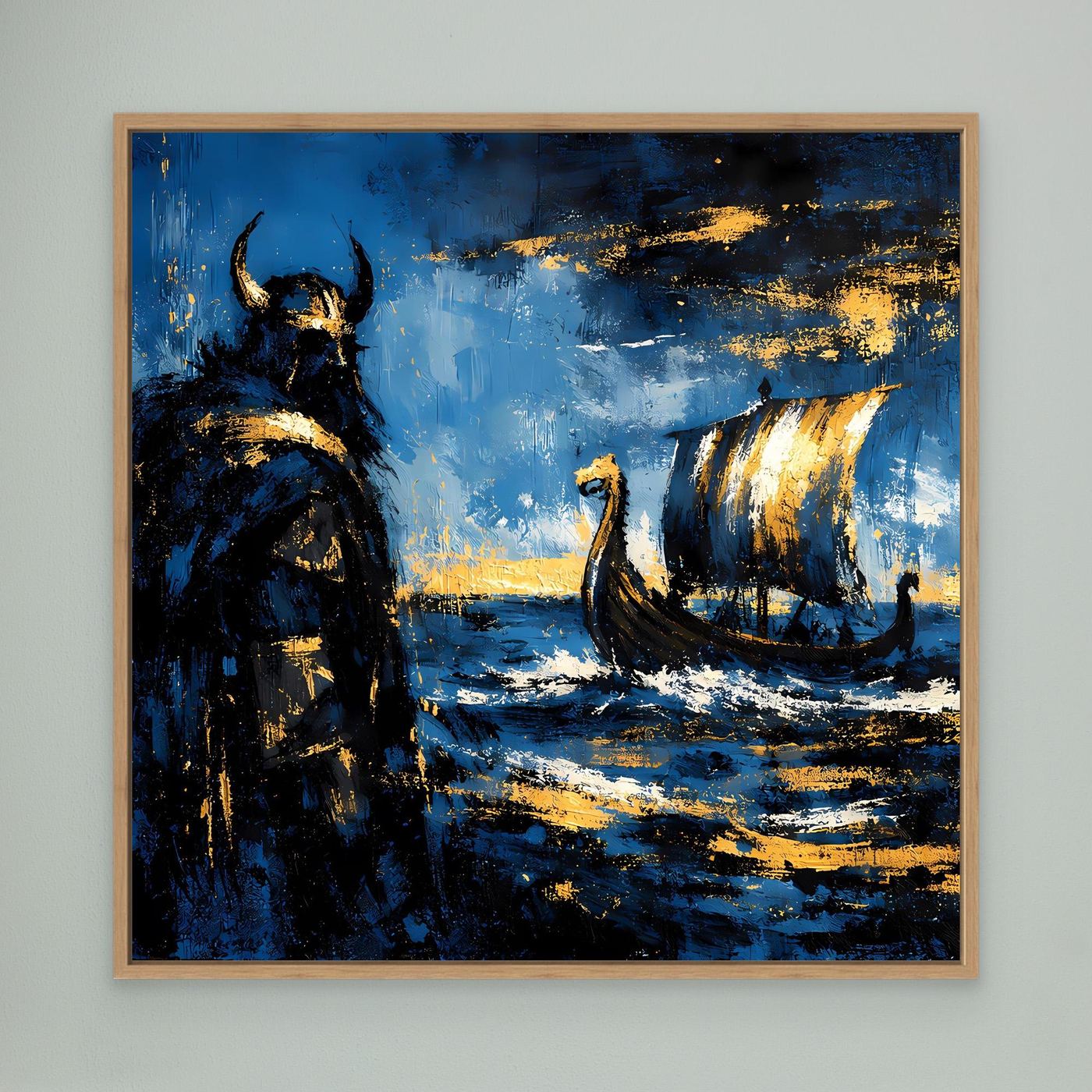 Leinwand Mythischer Wikinger und Langschiff | Abstraktes Nordisches Wandbild