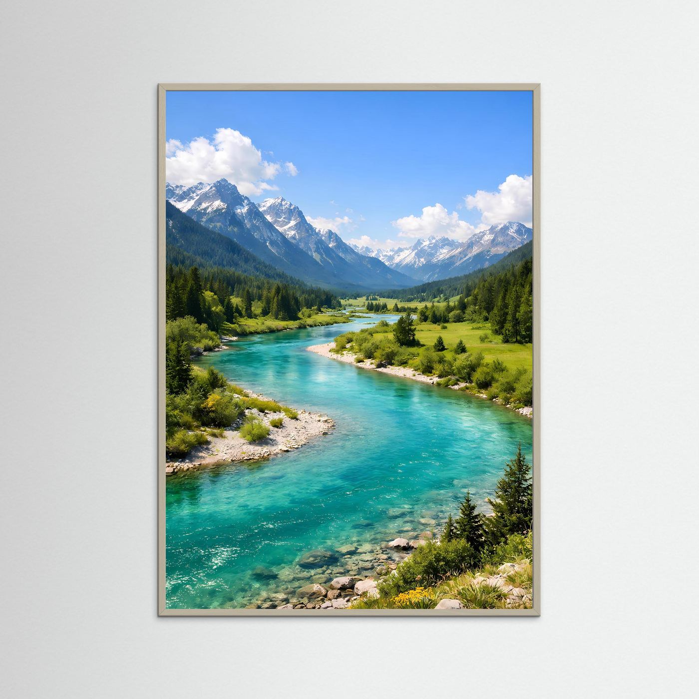 Poster im Hochformat mit türkisfarbenem Alpenfluss, heller Holzrahmen