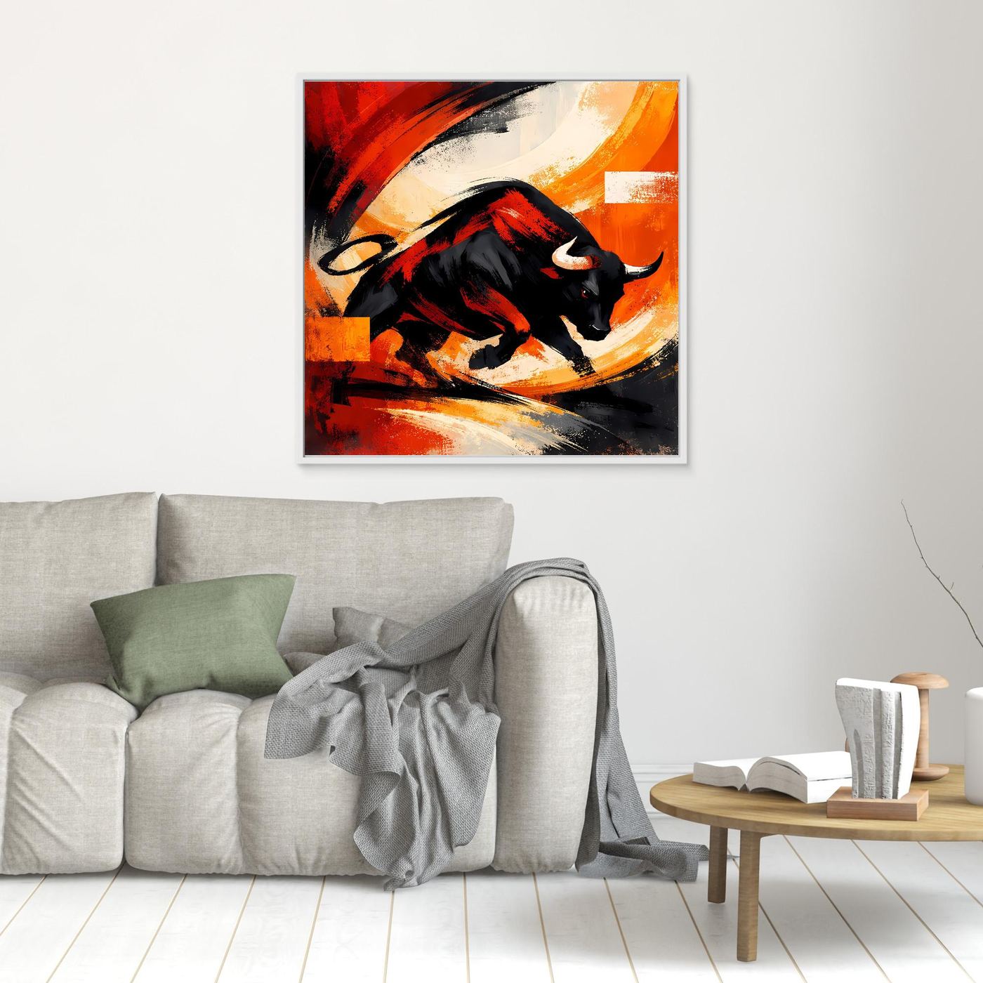 Wandbild mit schwarzem Stier in Rot-Orange-Abstrakt, im Holzrahmen