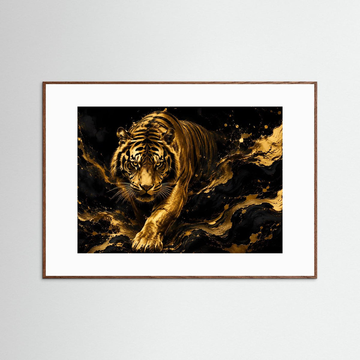 Poster im Querformat mit gold-schwarzem Tiger im Holzrahmen (Eiche dunkel)