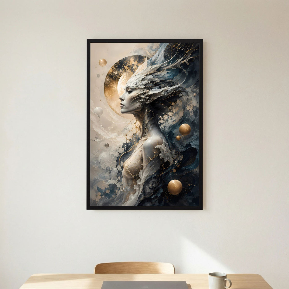 Kosmische Göttin | Mystische Fantasy Frau in Schwarz Gold | Poster Hochformat