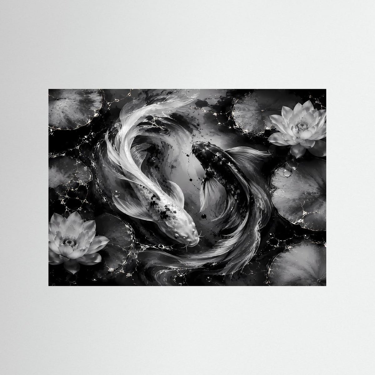 Gerahmtes Wandbild: Schwarzweiß-Koi-Fische mit Lotusblüten, abstrakter Swirl