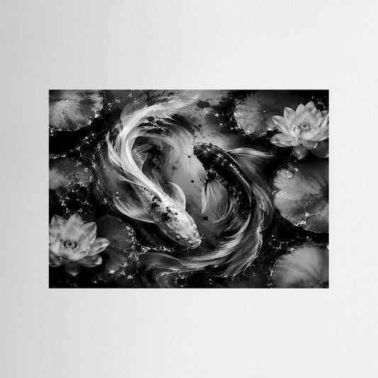 Gerahmtes Wandbild: Schwarzweiß-Koi-Fische mit Lotusblüten, abstrakter Swirl