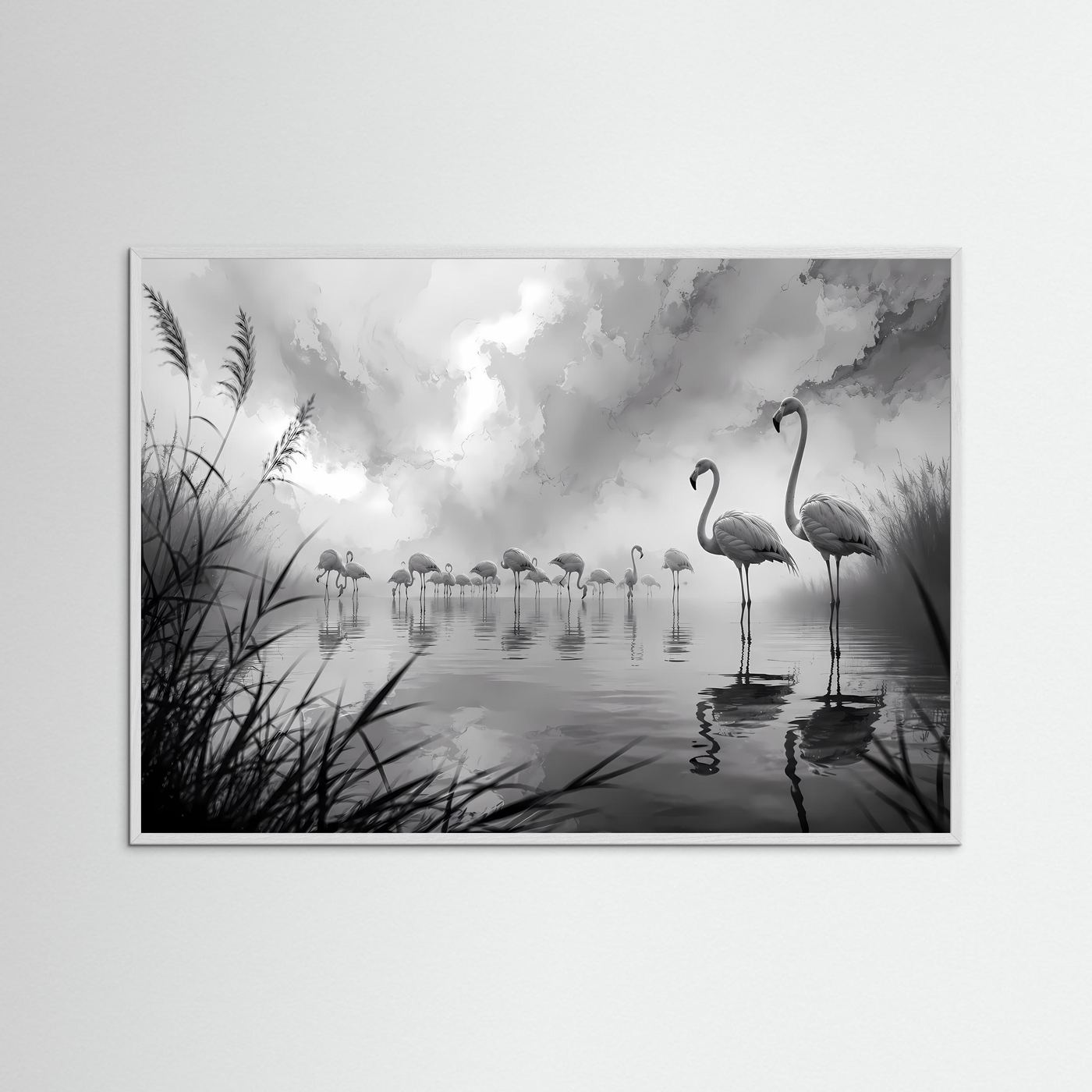 Flamingos im Nebel Schwarz-Weiß | Elegante Natur Wandkunst