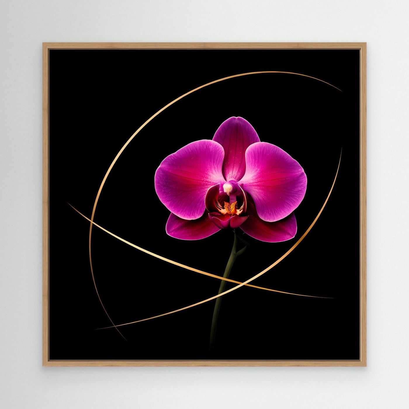 Leinwandbild mit magentafarbener Orchidee und goldenen Linien auf schwarzem Hintergrund, mit Holzrahmen