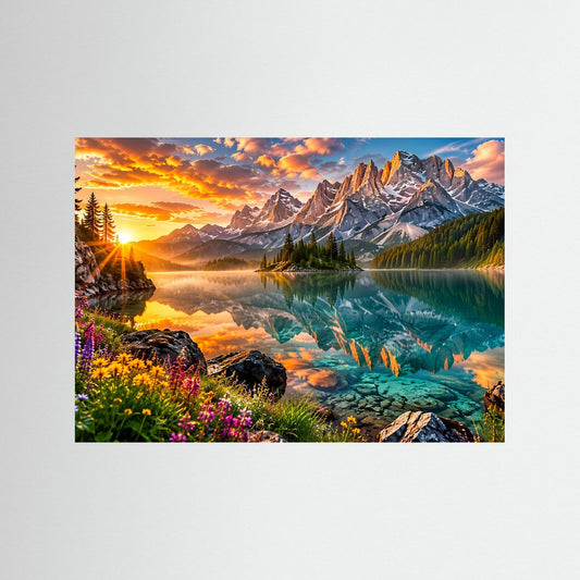 Alpenposter im Querformat mit Spiegelsee, Sonnenuntergang, Blumen und Bergen, ohne Rahmen