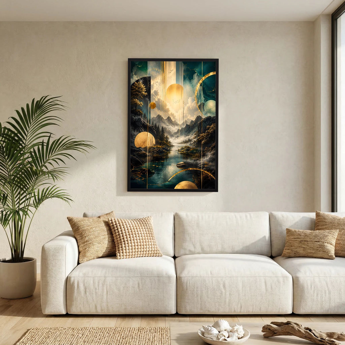 Poster im Hochformat mit schwarzem Rahmen und abstrakter Berglandschaft in Petrol & Gold.