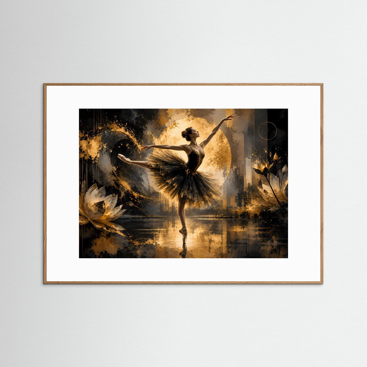 Gerahmter Poster-Druck mit Ballerina in Schwarz und Gold, braunes Rahmenprofil