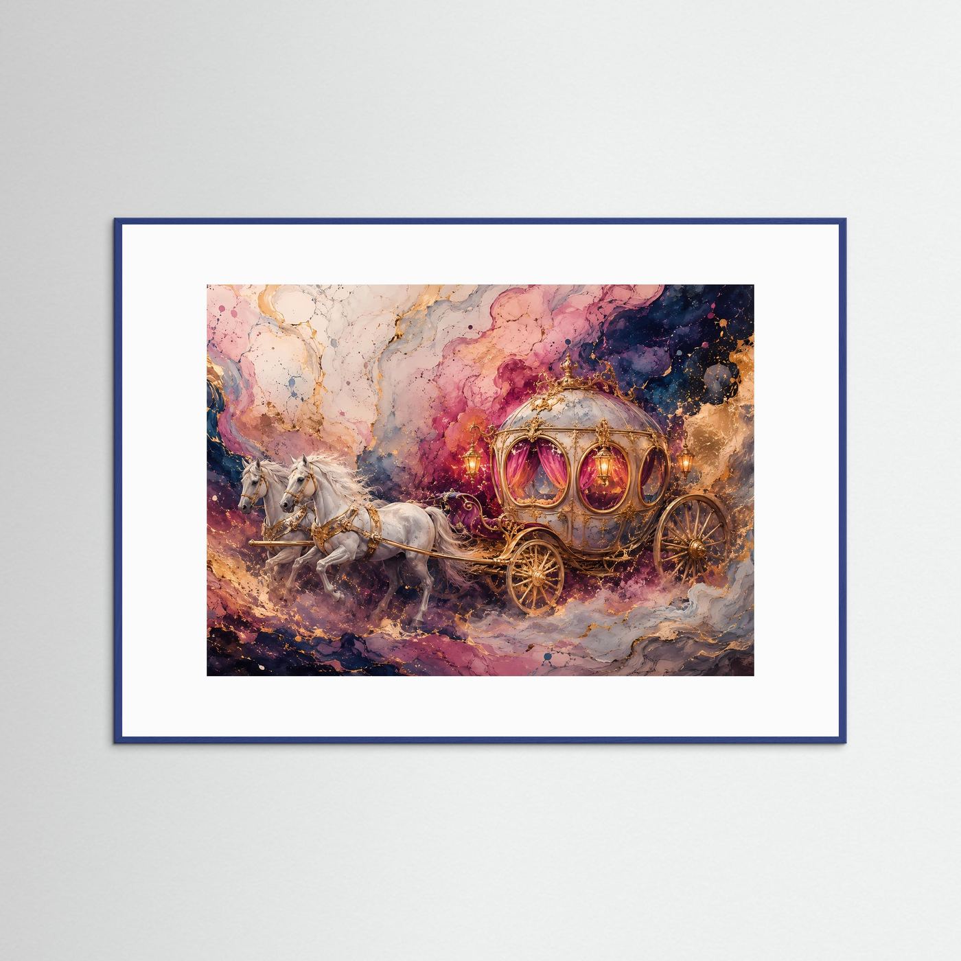 Märchenhafte Kutsche mit weißen Pferden | Fantasy Kunst in Rosa & Gold