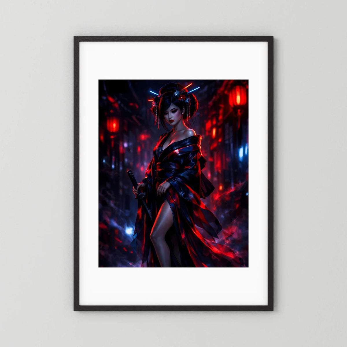 Senkrechtes Wandposter mit Kriegerin und Katana, Neon-rot/blau, schwarz gerahmt mit weißem Passepartout