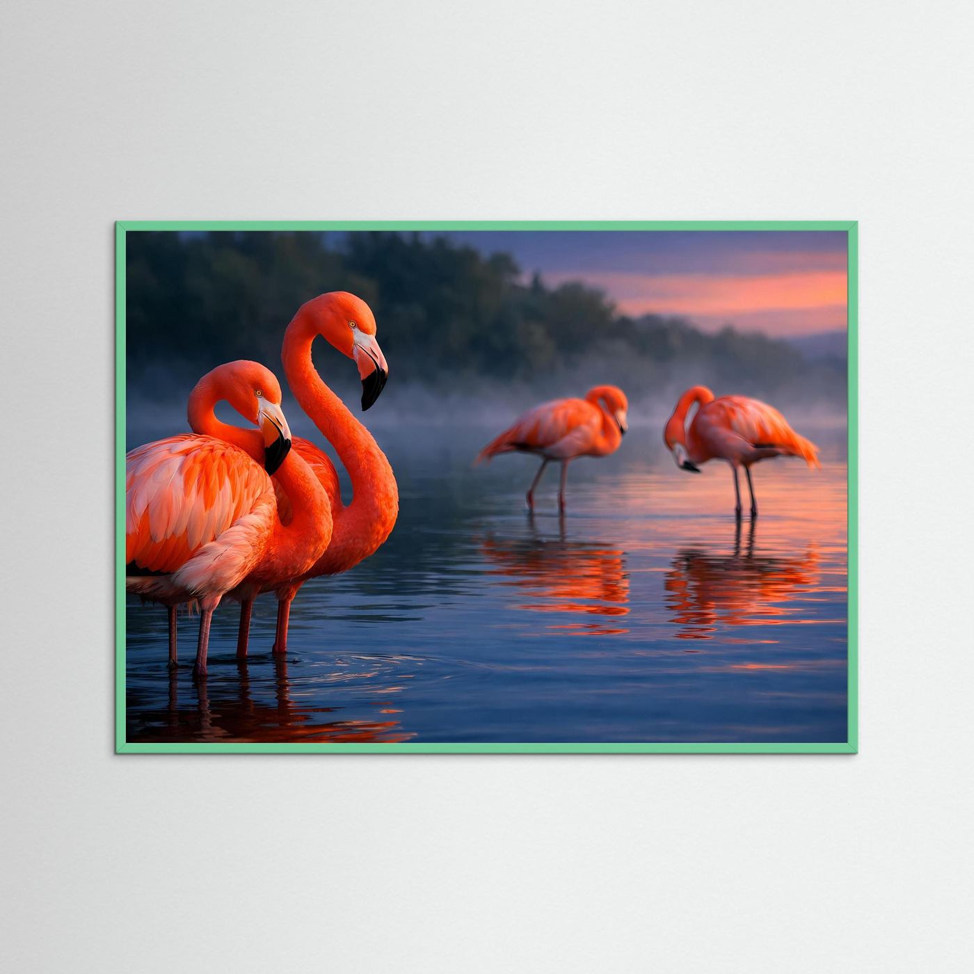 Naturposter im Querformat: Flamingos im Abendrot, grün eingefasst
