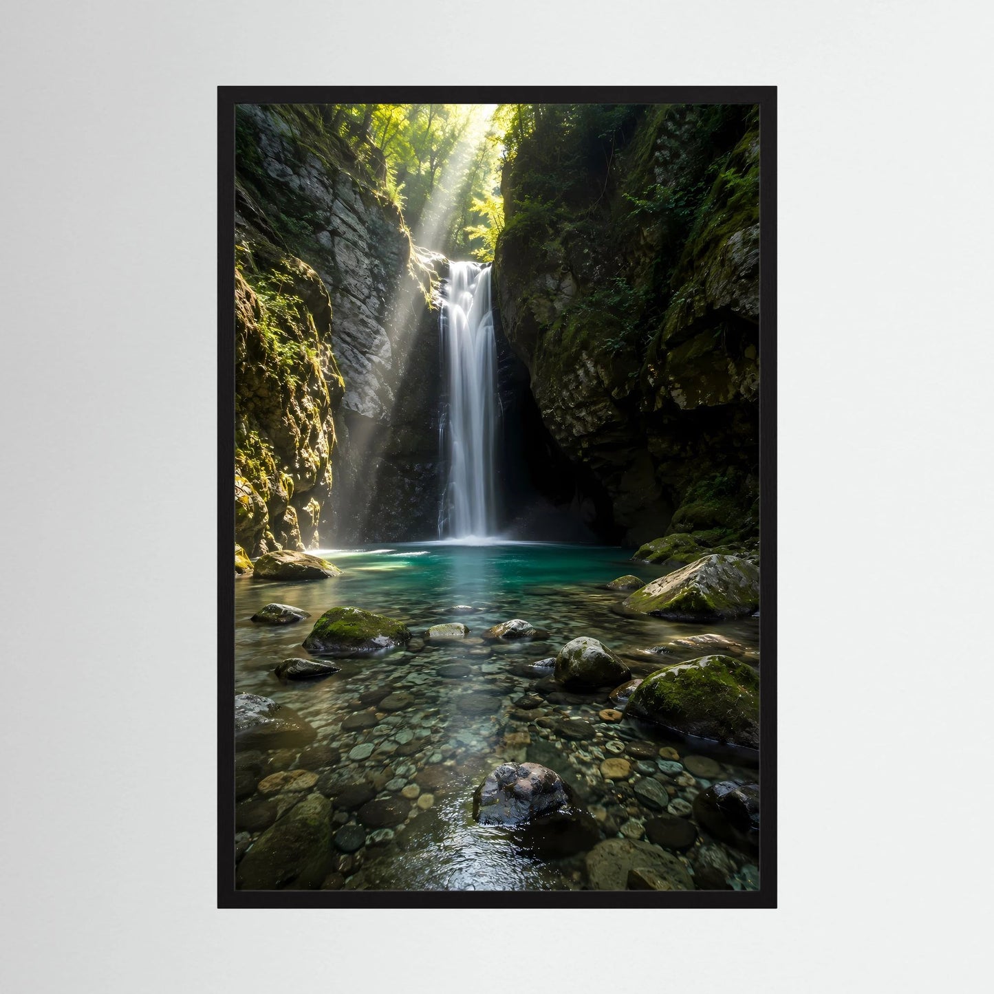 Hochformat-Poster mit schwarzem Rahmen: Wasserfall im Canyon über steiniger Uferfläche