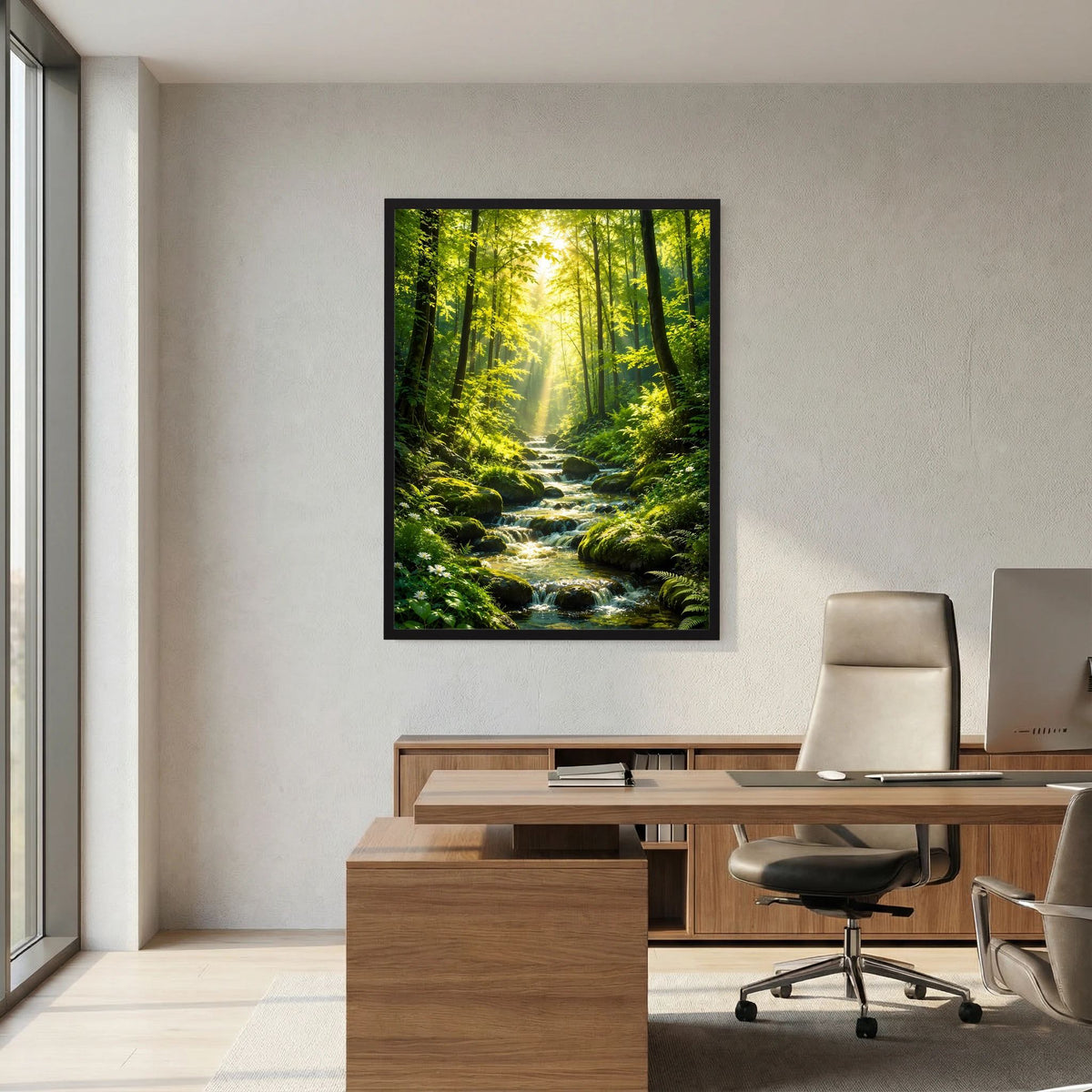 Poster mit Waldbach und Sonnenstrahlen im grünen Wald, schwarzer Rahmen