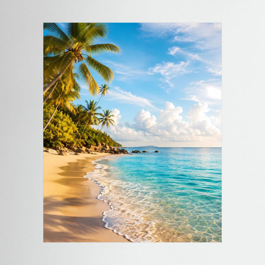Hochformatiges Strand-Poster mit Palmen, türkisfarbenem Meer und goldenem Sand