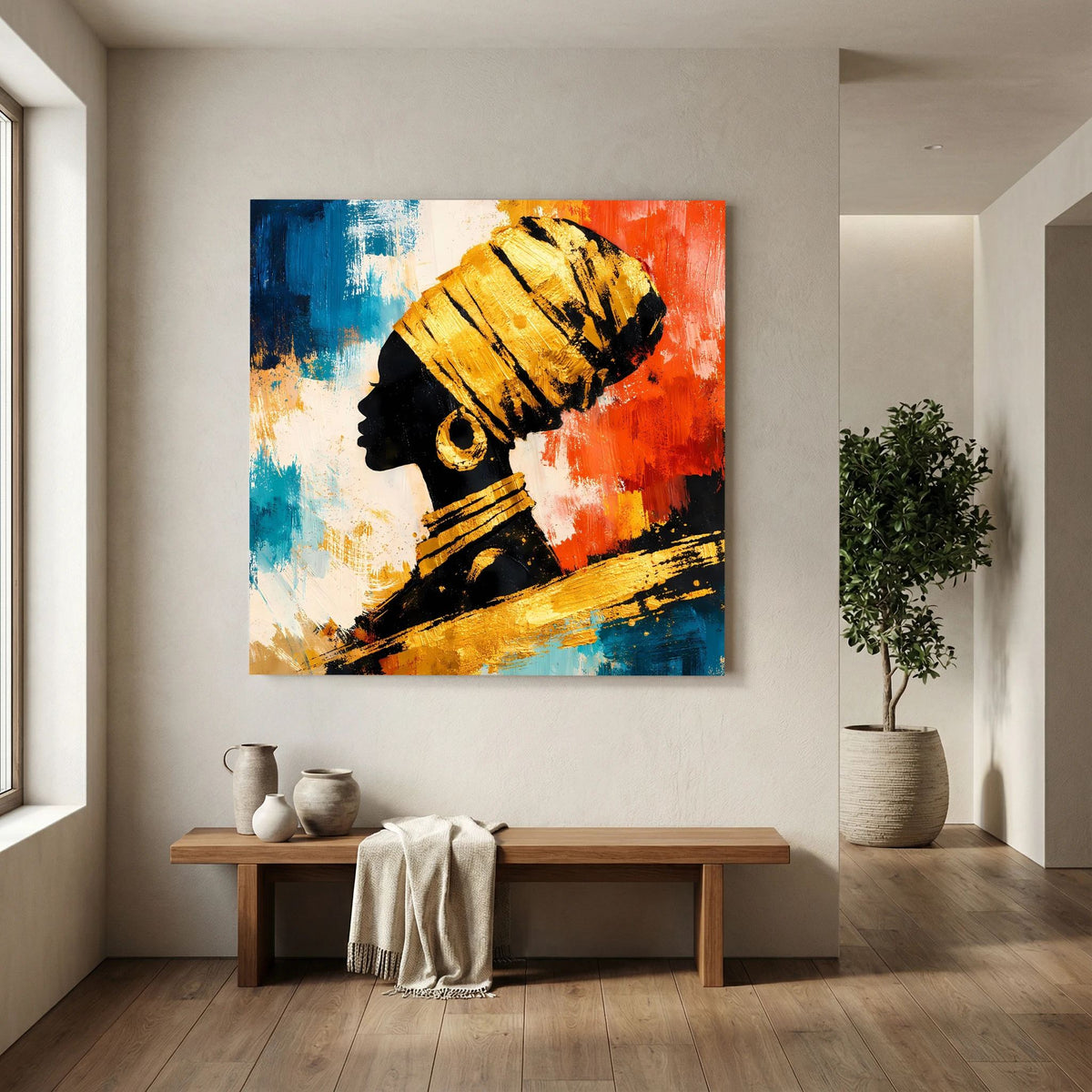 Leinwandbild mit silhouettiertem Frauenprofil, goldener Halskette, kontrastreich in Blau und Rot