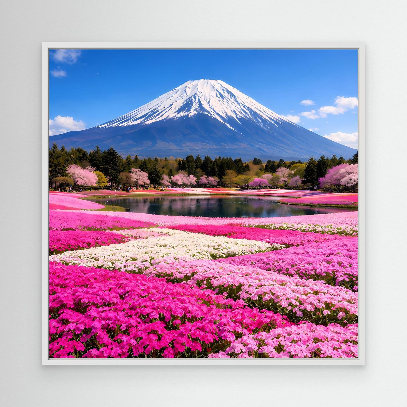Leinwandbild mit Fuji, See und Kirschblüten, weißer Rahmen