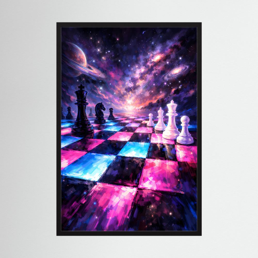 Schachposter im schwarzen Rahmen mit Galaxie-Schachbrett und Schachfiguren