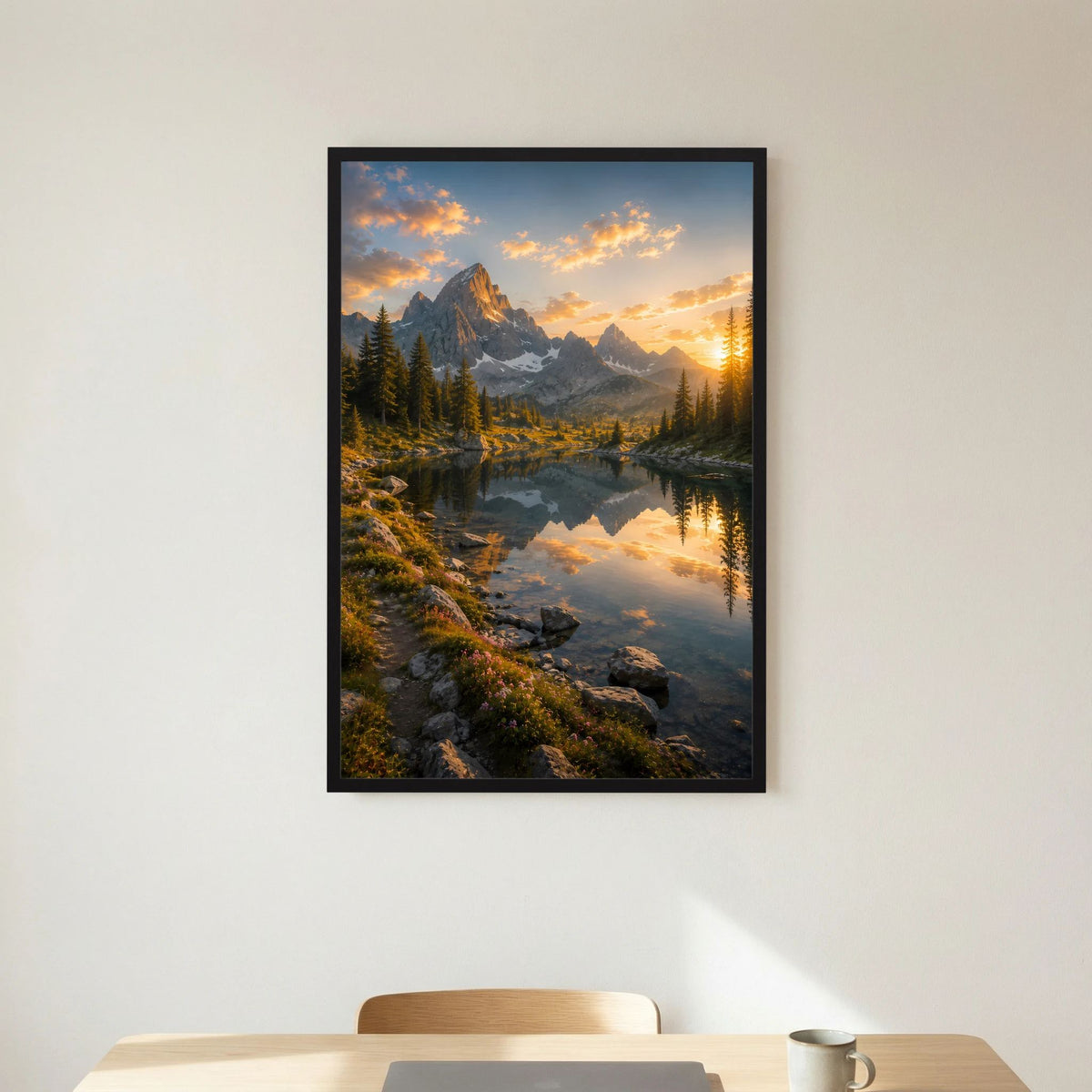 Bergsee bei Sonnenuntergang | Alpenpanorama mit Wasserspiegelung | Poster Hochformat