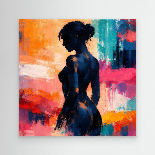 Abstraktes Leinwandbild: Frauensilhouette in Dunkelblau, bunte Pinselstriche.