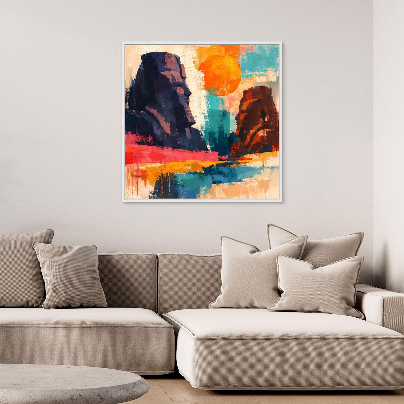 Leinwand-Wandbild mit abstrakten ägyptischen Figuren und hellem Rahmen