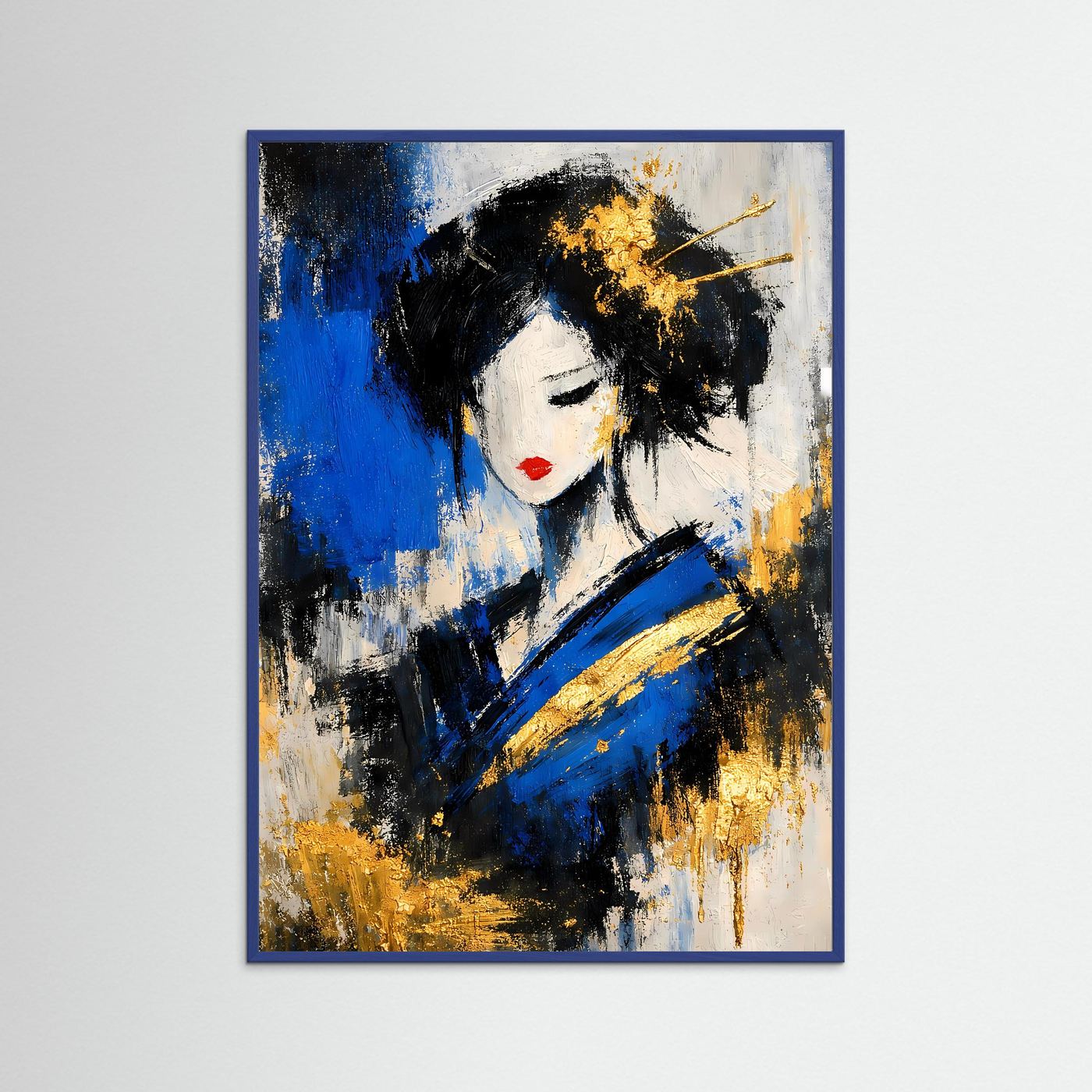 Kunstposter mit Geisha-Porträt, abstrakte Pinselstriche; blauer Rahmen