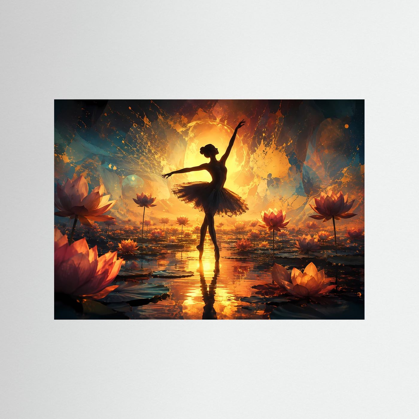 Ballerina Lotus Poster | Tänzerin Silhouette bei Sonnenuntergang | Spirituelle Wandkunst | Abstrakte Lotusblüten | Moderne Fine Art | Premium Wandbild