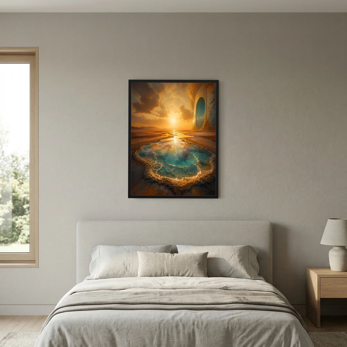 Gerahmtes Poster im Hochformat mit goldenem Portal und türkisfarbener Quelle im Dünenmeer