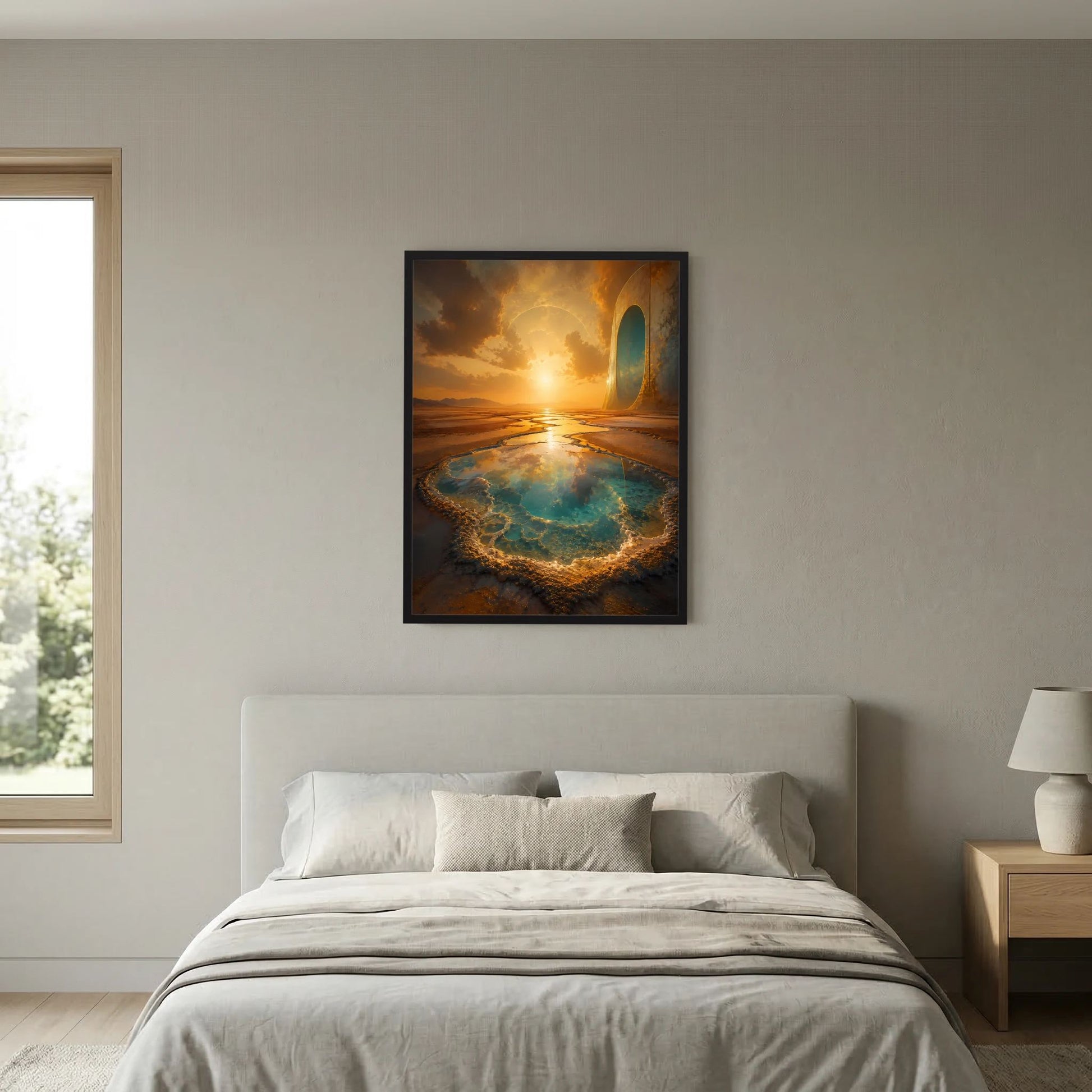 Gerahmtes Poster im Hochformat mit goldenem Portal und türkisfarbener Quelle im Dünenmeer