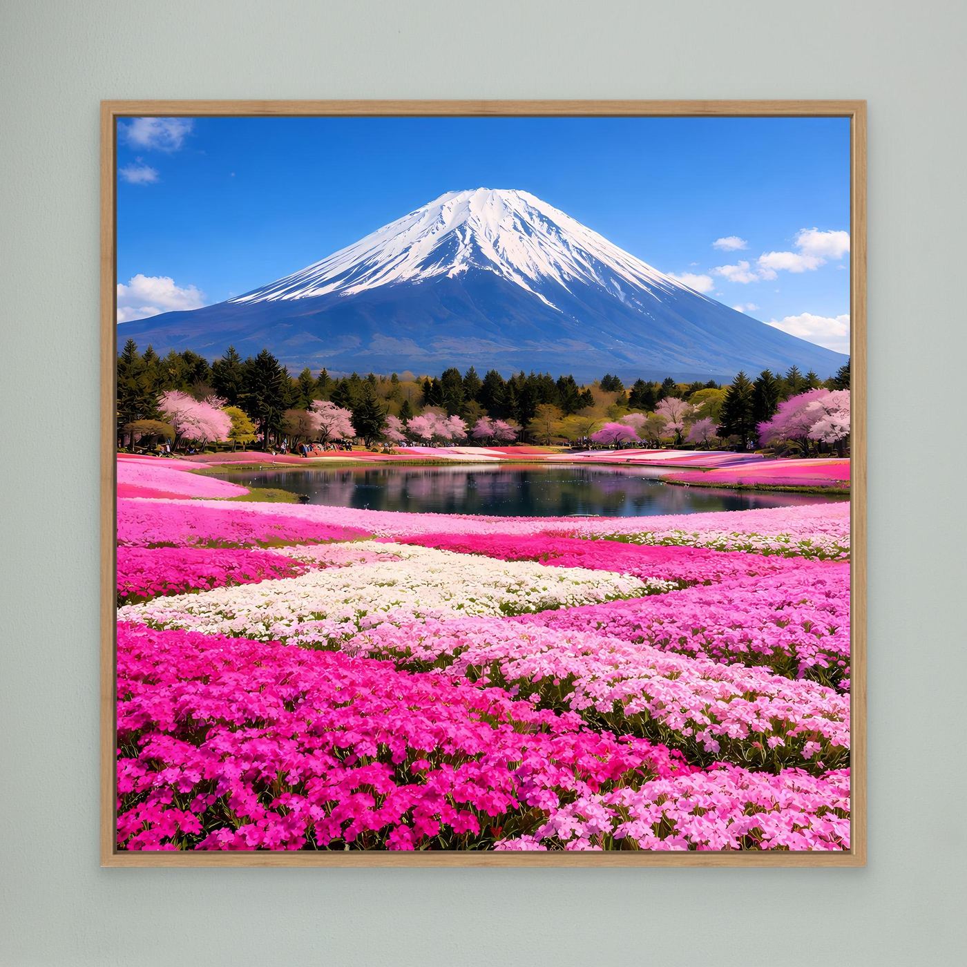 Leinwandbild mit Fuji, See und Kirschblüten, goldbrauner Rahmen