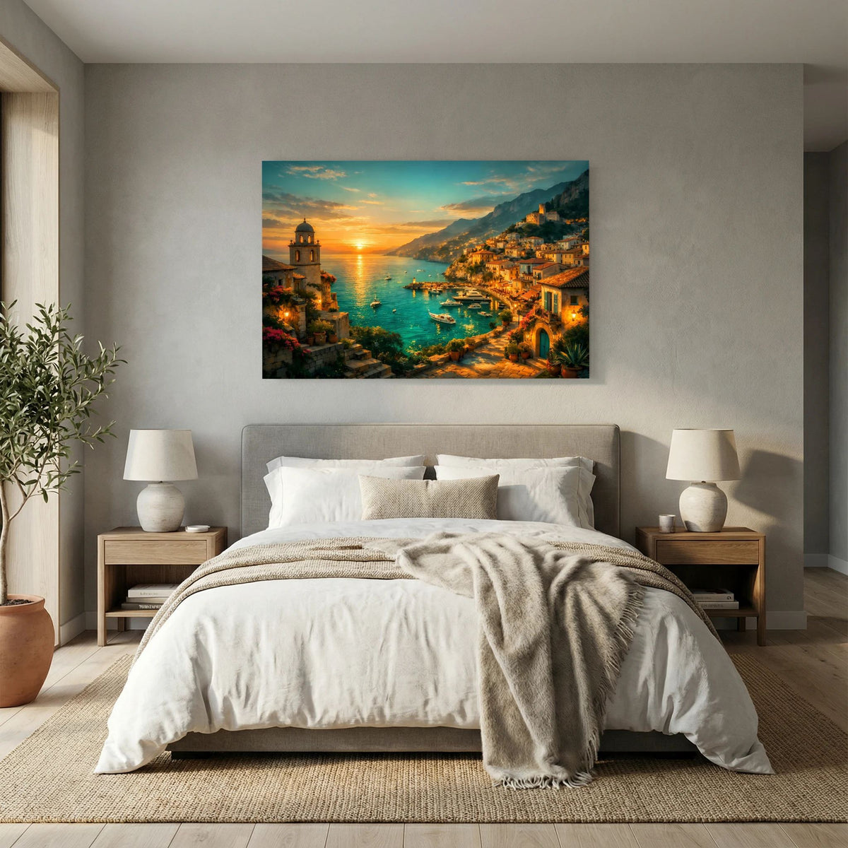 Querformatiges Wandbild: Küstenstadt bei Sonnenuntergang über dem Meer mit Booten in der Bucht
