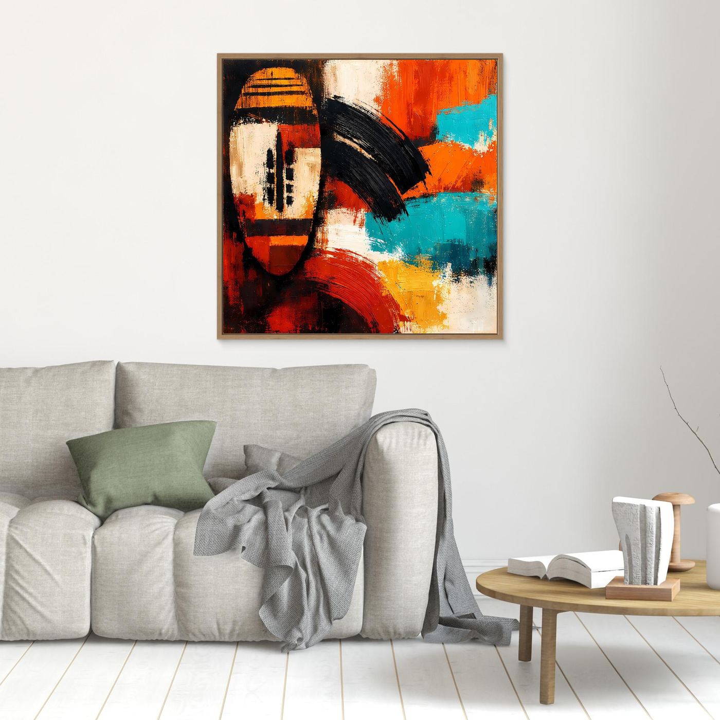 Small abstract African mask wall art with orange, red and turquoise paint; wood frame