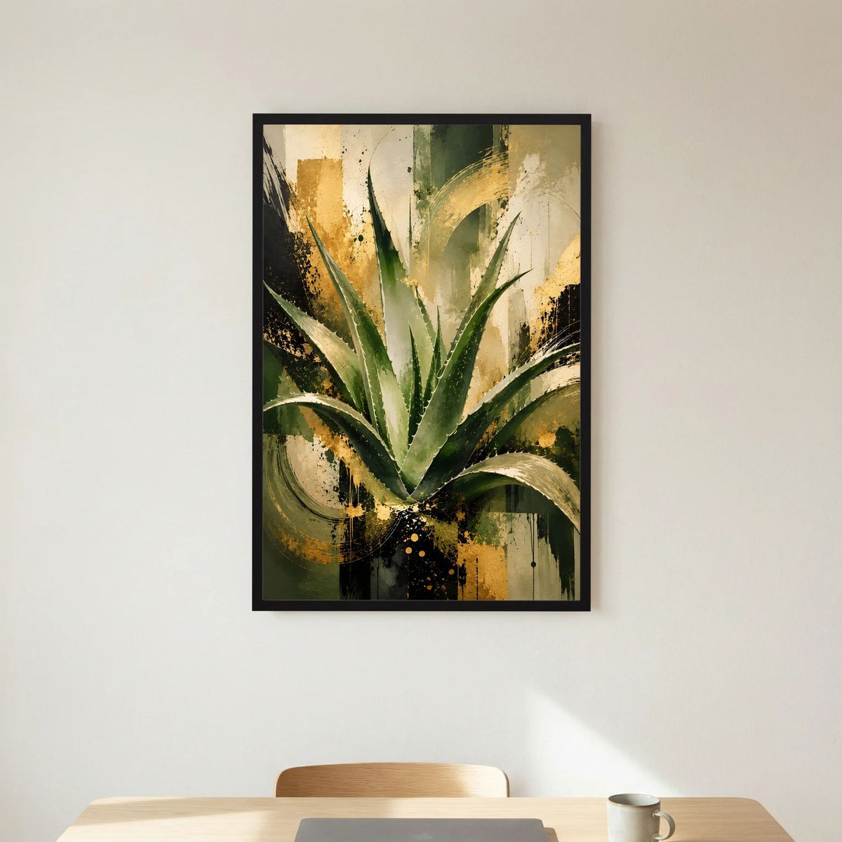 Abstraktes Aloe-Vera-Wandposter, grüne Blätter mit goldenen Spritzern im schwarzen Rahmen