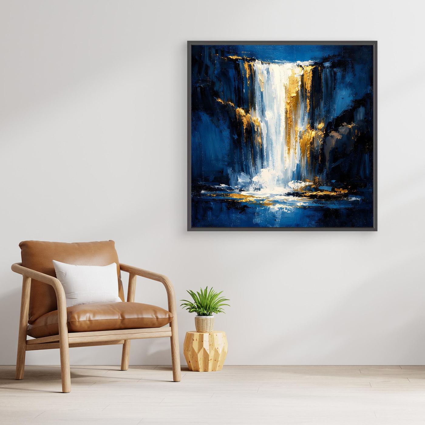 Leinwand Abstraktes Wasserfall Gemälde in Dunkelblau und Gold | Modernes Natur Wandbild