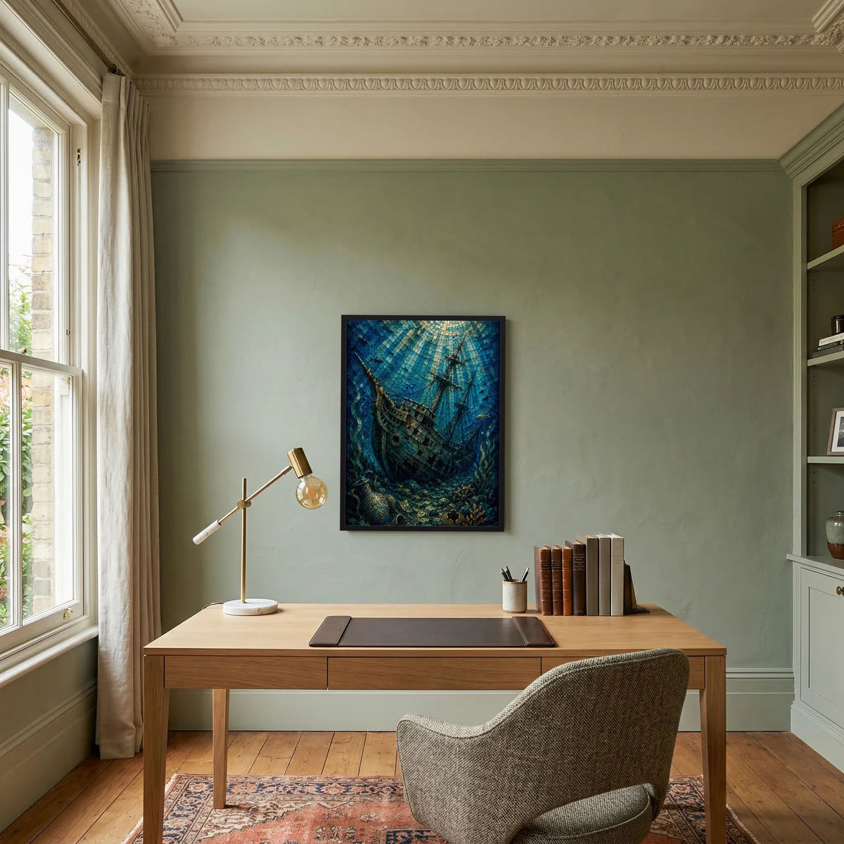 Hochformat-Poster mit versunkenem Segelschiff im Mosaikstil, blau und gold