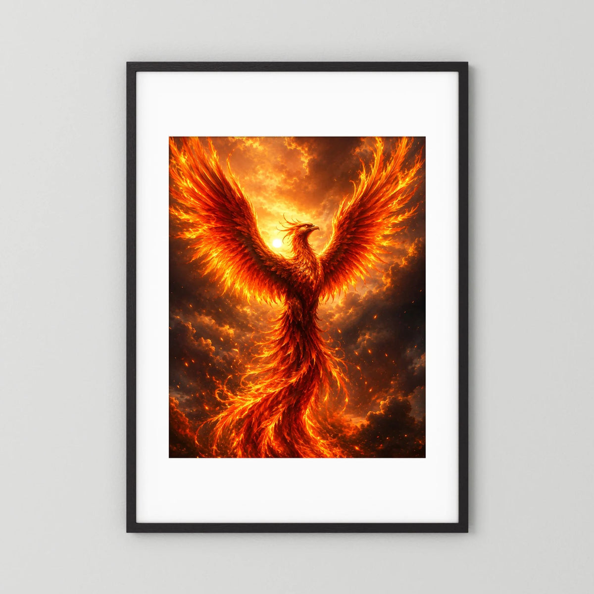 Hochkant-Poster mit Phönix aus Feuer, schwarzer Rahmen mit weißem Rand