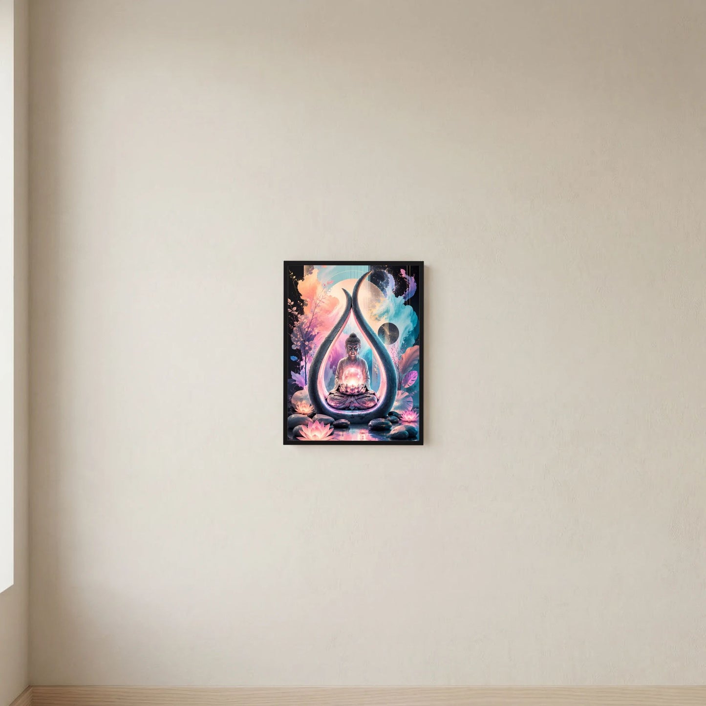 Wandposter im Hochformat: Buddha in Tropfenform mit Lotusblüten, mehrfarbig, schwarzer Rahmen