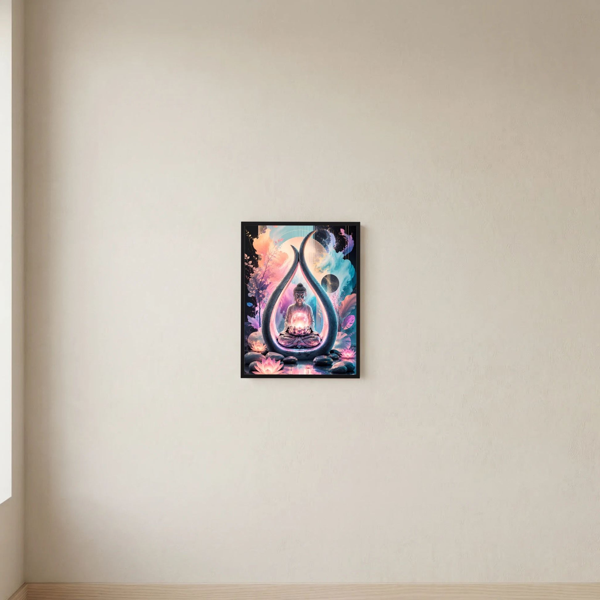 Wandposter im Hochformat: Buddha in Tropfenform mit Lotusblüten, mehrfarbig, schwarzer Rahmen