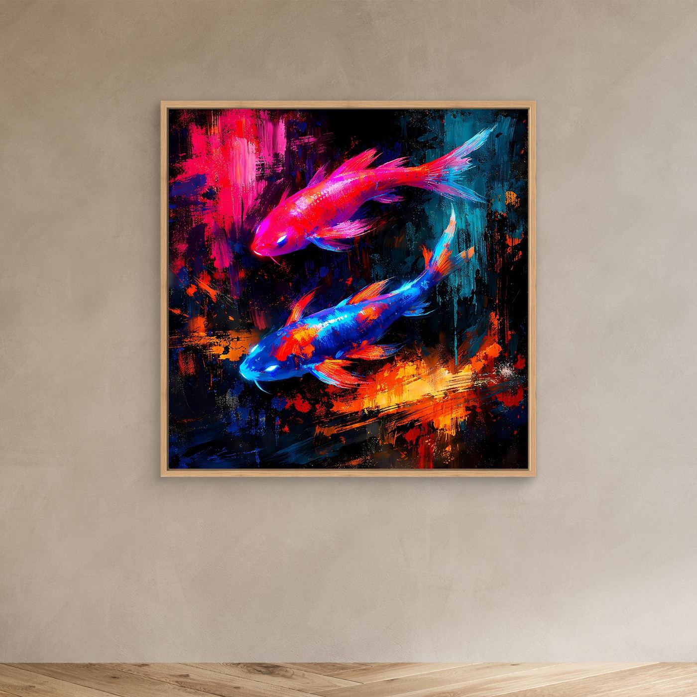 Leinwandbild mit zwei leuchtenden Koi-Fischen in Pink, Blau und dunklem Hintergrund, gerahmt