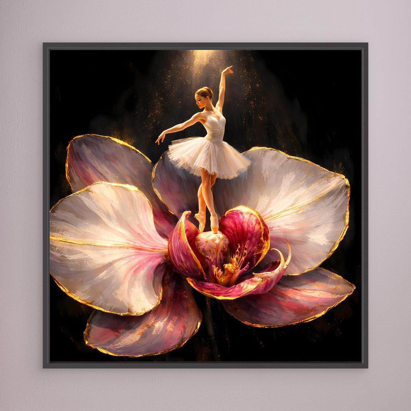 Premium Leinwand Elegante Ballerina auf Orchidee | Abstraktes Ballett Wandbild mit Goldakzenten