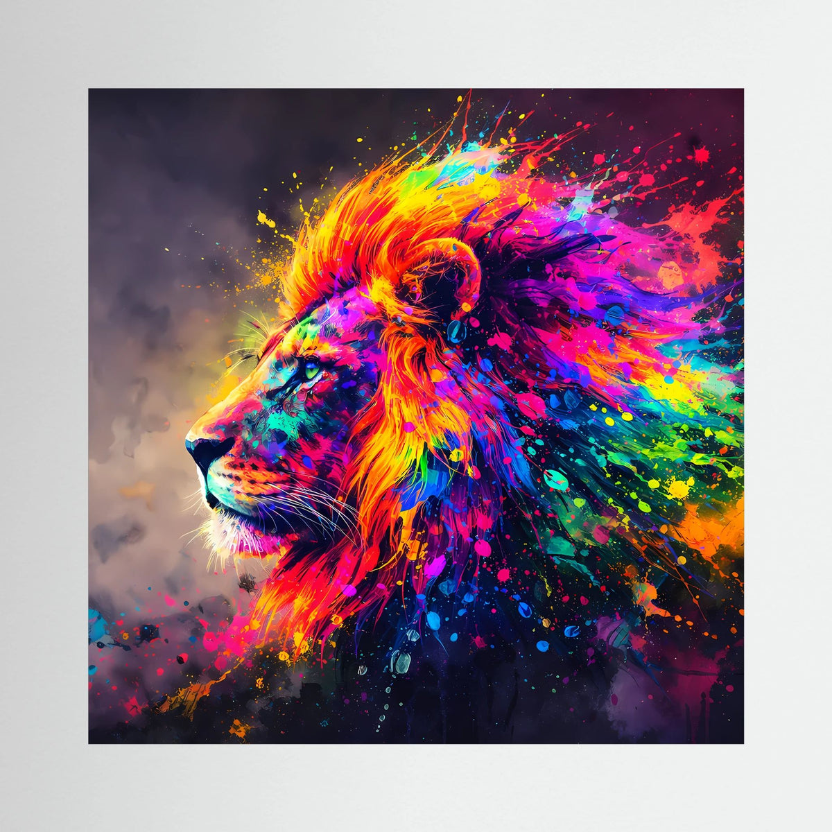 Quadratisches Leinwandbild auf Keilrahmen: farbiges Löwenporträt im Pop-Art-Stil.